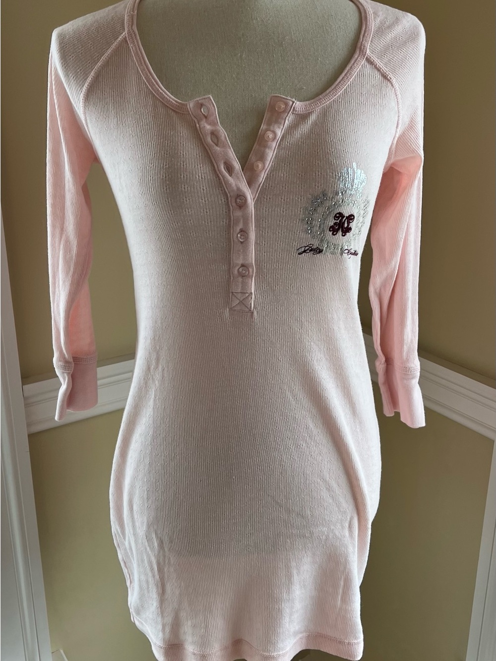 Juicy Couture Pale Pink Long Sleeve Henley Nightgown with Embellished Crest